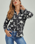 Gray Cat Print Button-Up Shirt