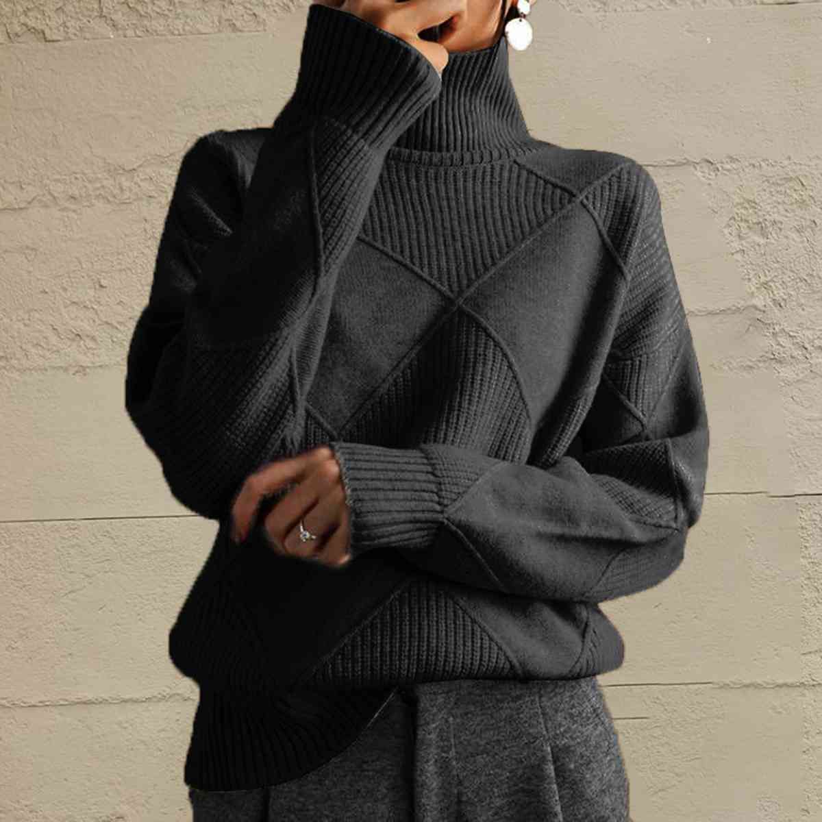 Dark Gray Geometric Turtleneck Long Sleeve Sweater