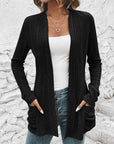 Black Ribbed Open Front Cardigan with Pockets