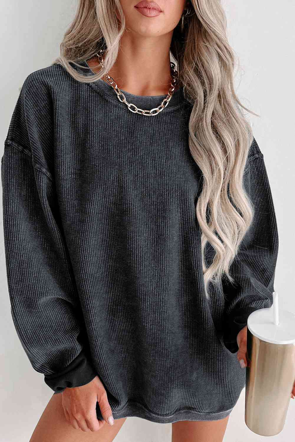 Gray Round Neck Dropped Shoulder Sweatshirt