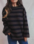 Black Striped Round Neck Long Sleeve Sweater