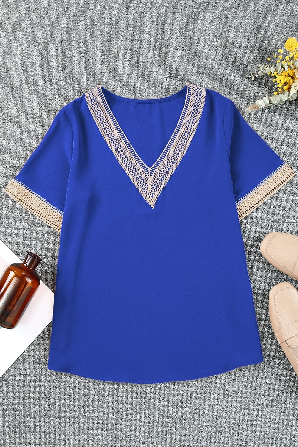 Dark Slate Blue Contrast V-Neck Blouse