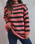 Dark Gray Striped Round Neck Long Sleeve Sweater