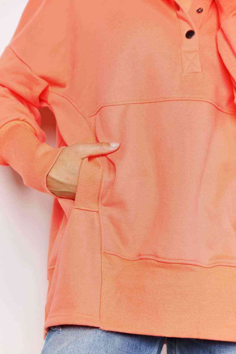 Dark Salmon Double Take Quarter-Snap Dropped Shoulder Hoodie