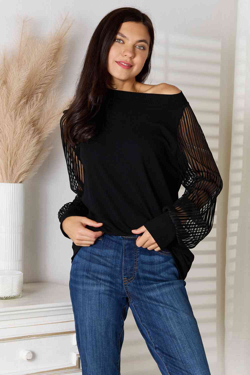 Dark Slate Gray Double Take Round Neck Raglan Sleeve Blouse