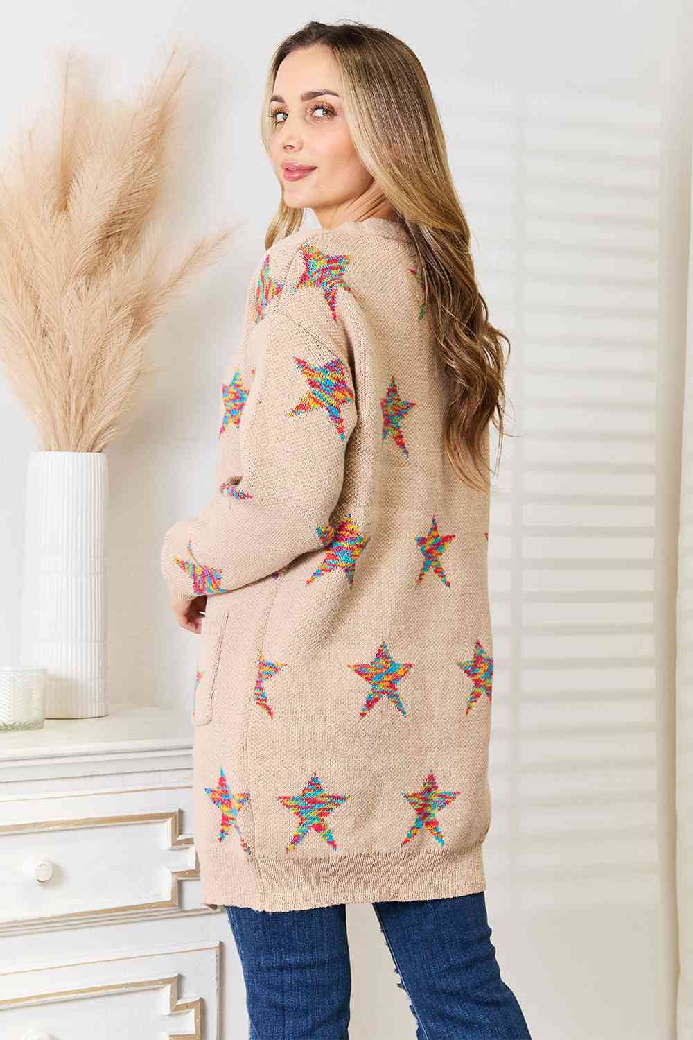 Light Gray Double Take Star Pattern Open Front Longline Cardigan