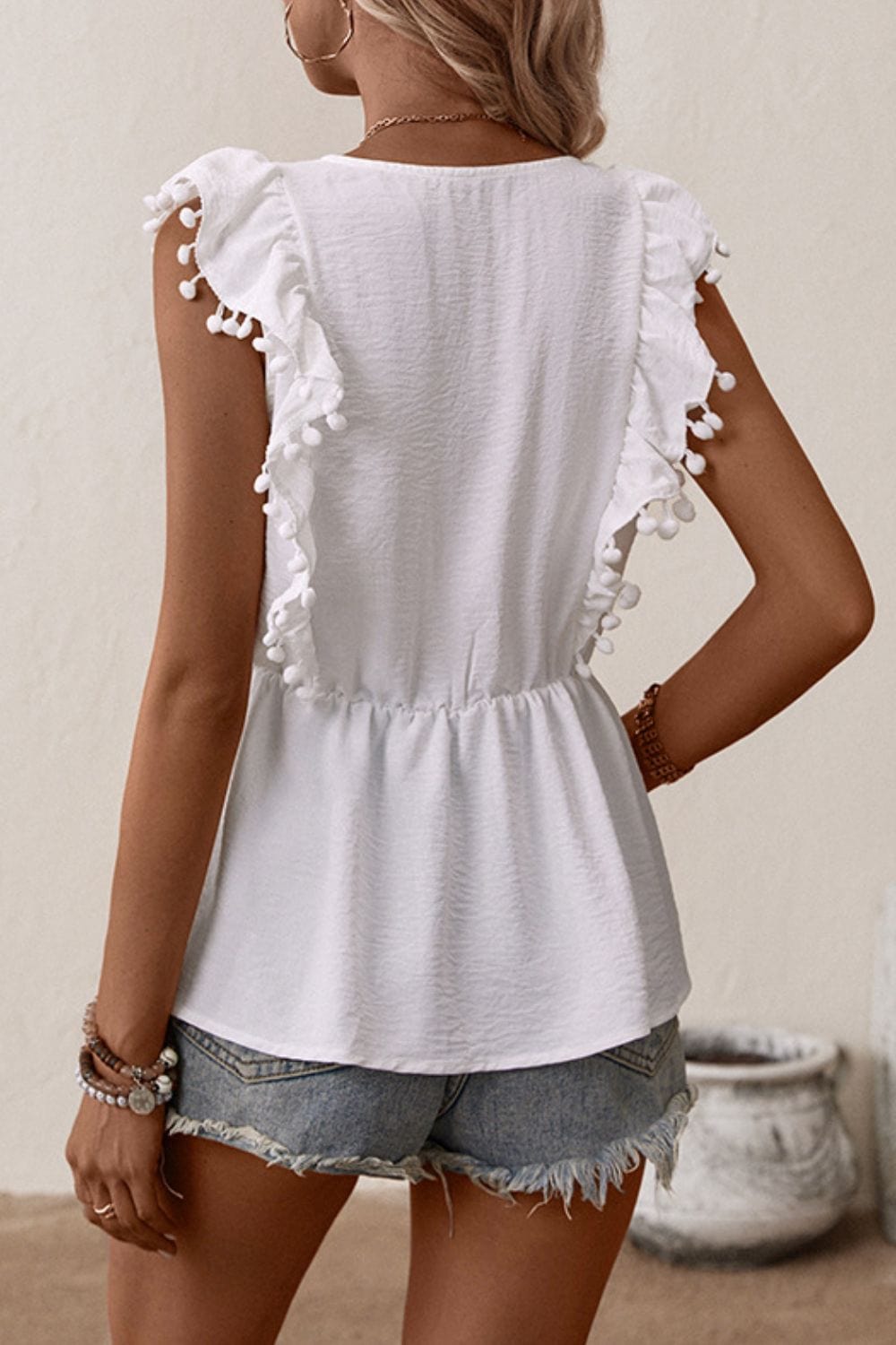 Gray Embroidered Pom-Pom Trim Cap Sleeve Babydoll Top