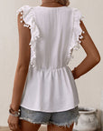 Gray Embroidered Pom-Pom Trim Cap Sleeve Babydoll Top