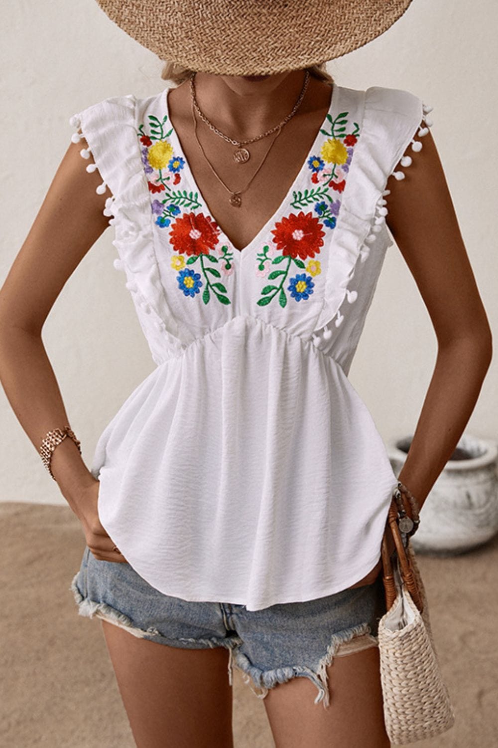 Gray Embroidered Pom-Pom Trim Cap Sleeve Babydoll Top