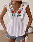 Gray Embroidered Pom-Pom Trim Cap Sleeve Babydoll Top