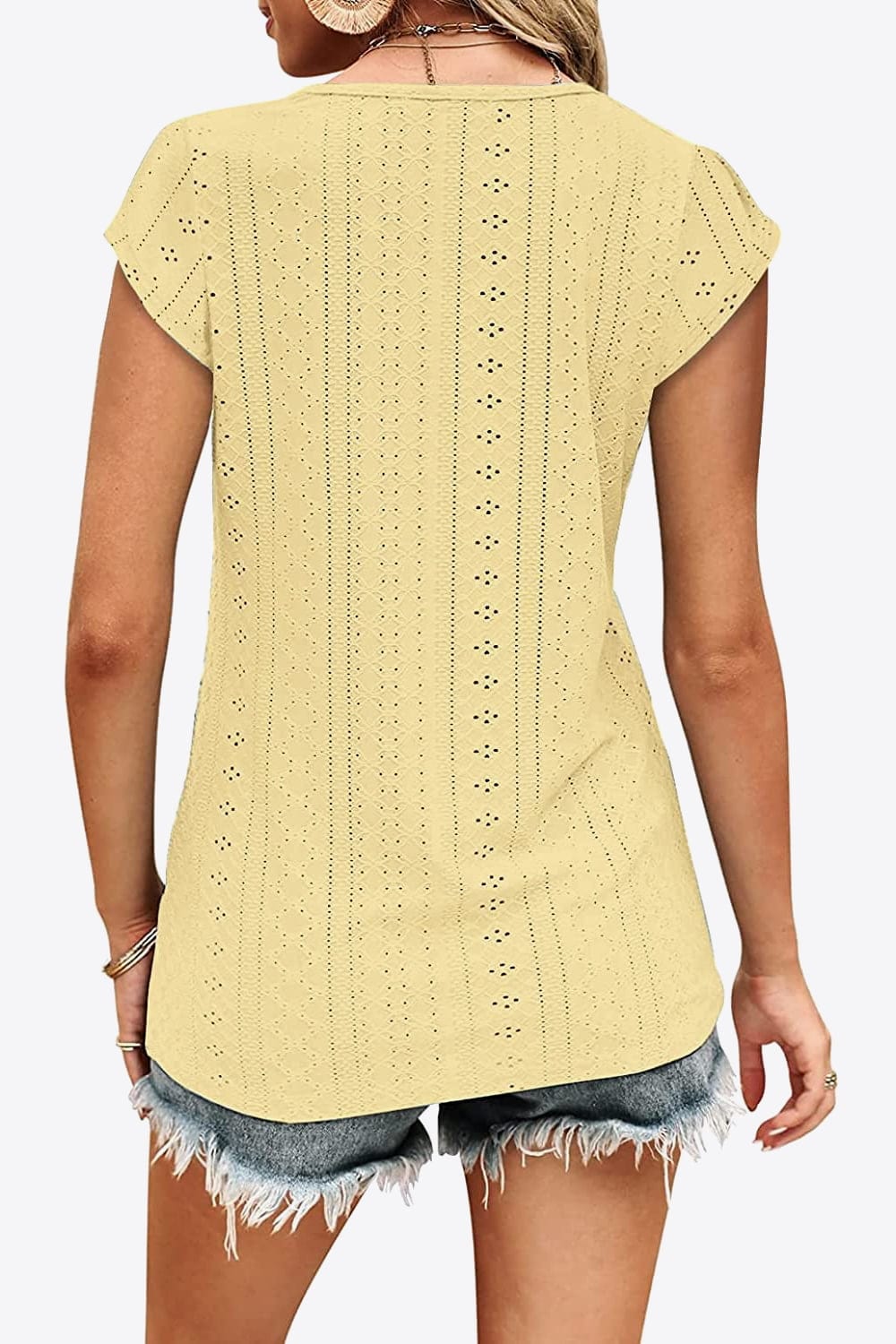 Tan Eyelet Contrast V-Neck Tee