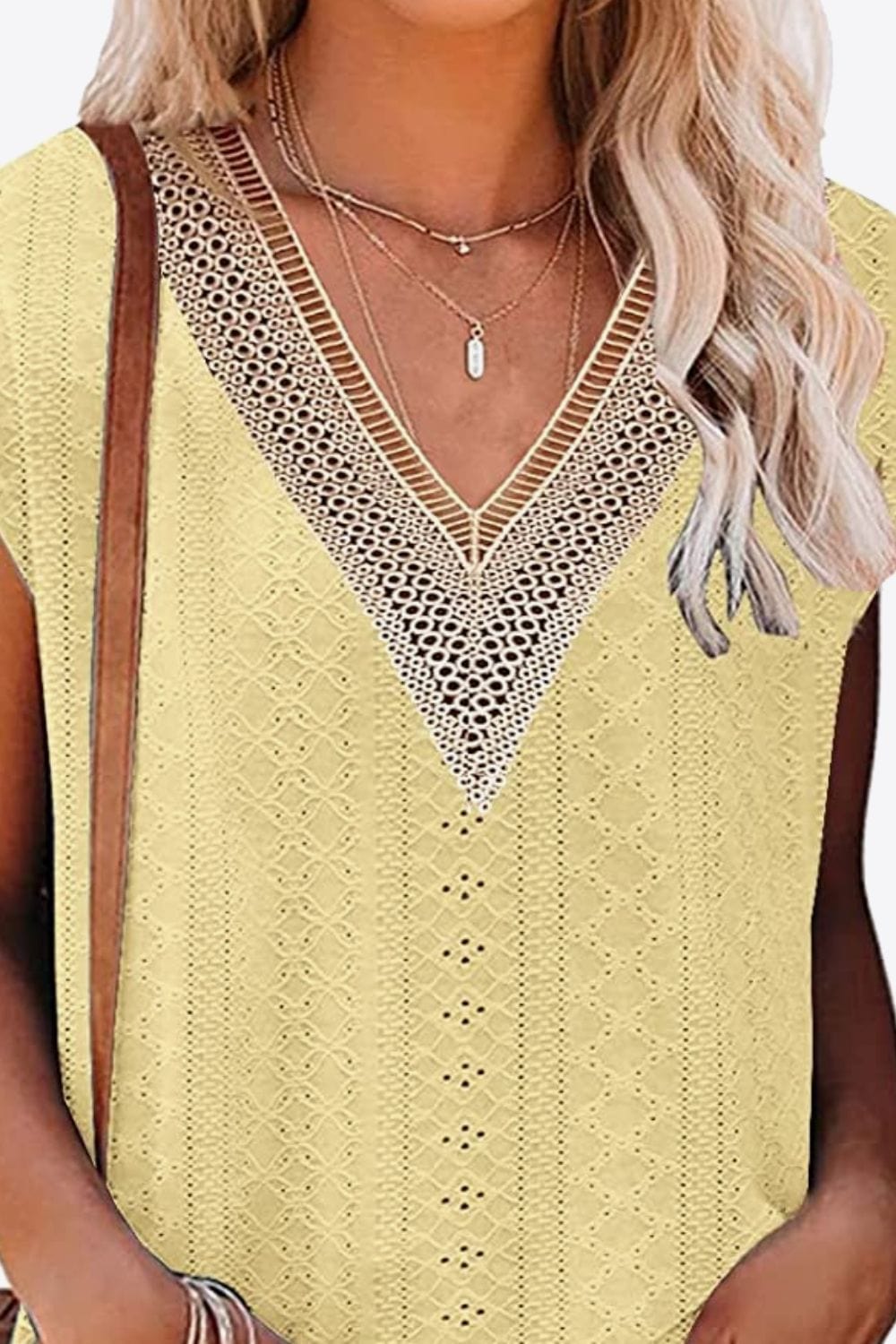 Tan Eyelet Contrast V-Neck Tee