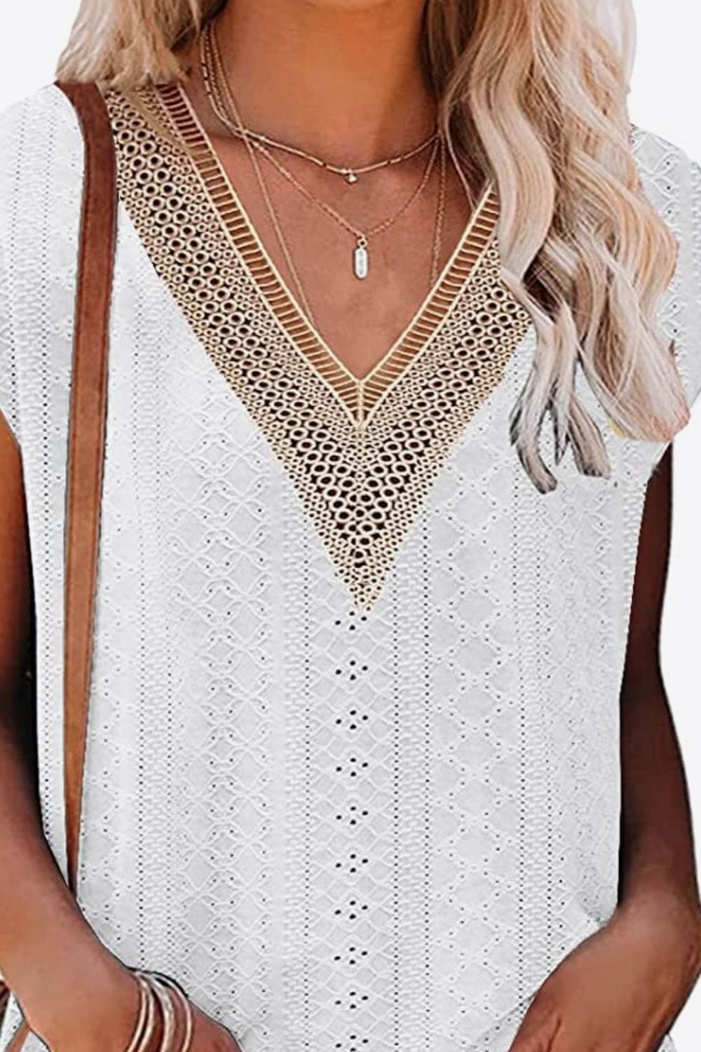 Light Gray Eyelet Contrast V-Neck Tee