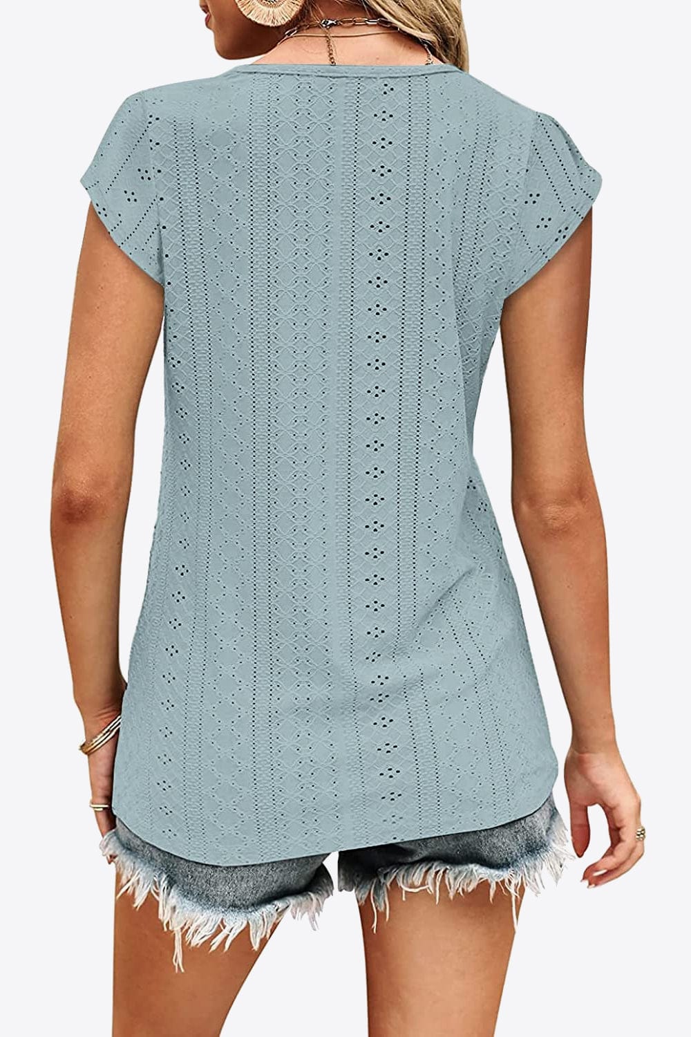 Light Gray Eyelet Contrast V-Neck Tee