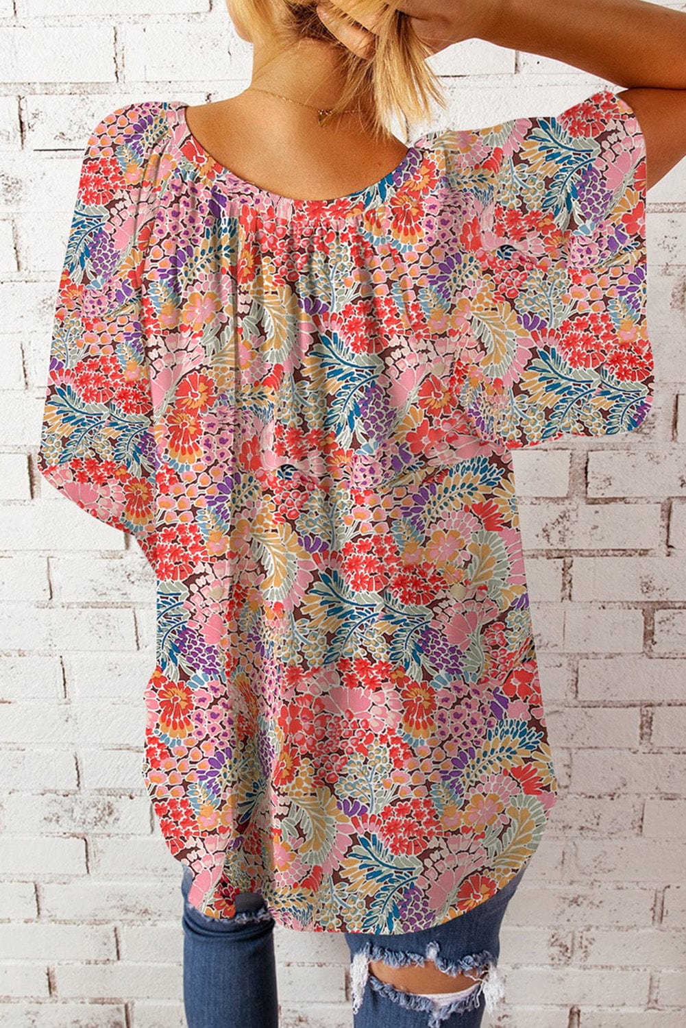 Gray Floral Notched Neck Flutter Sleeve Blouse