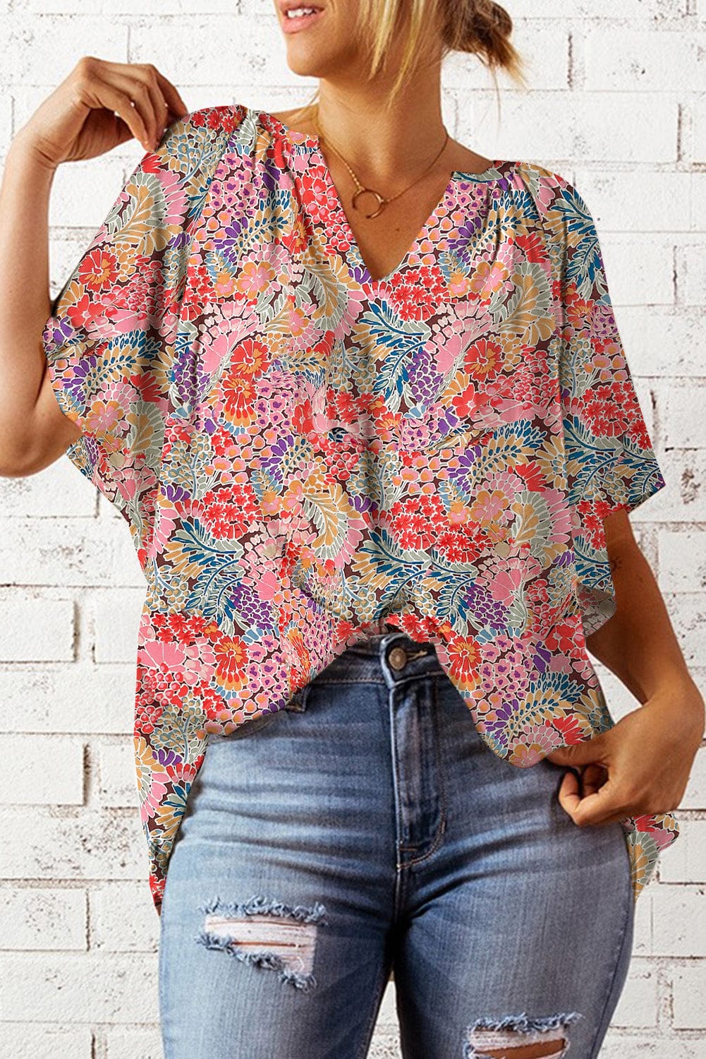 Light Gray Floral Notched Neck Flutter Sleeve Blouse