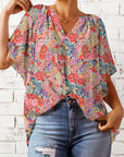 Light Gray Floral Notched Neck Flutter Sleeve Blouse