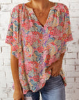 Gray Floral Notched Neck Flutter Sleeve Blouse