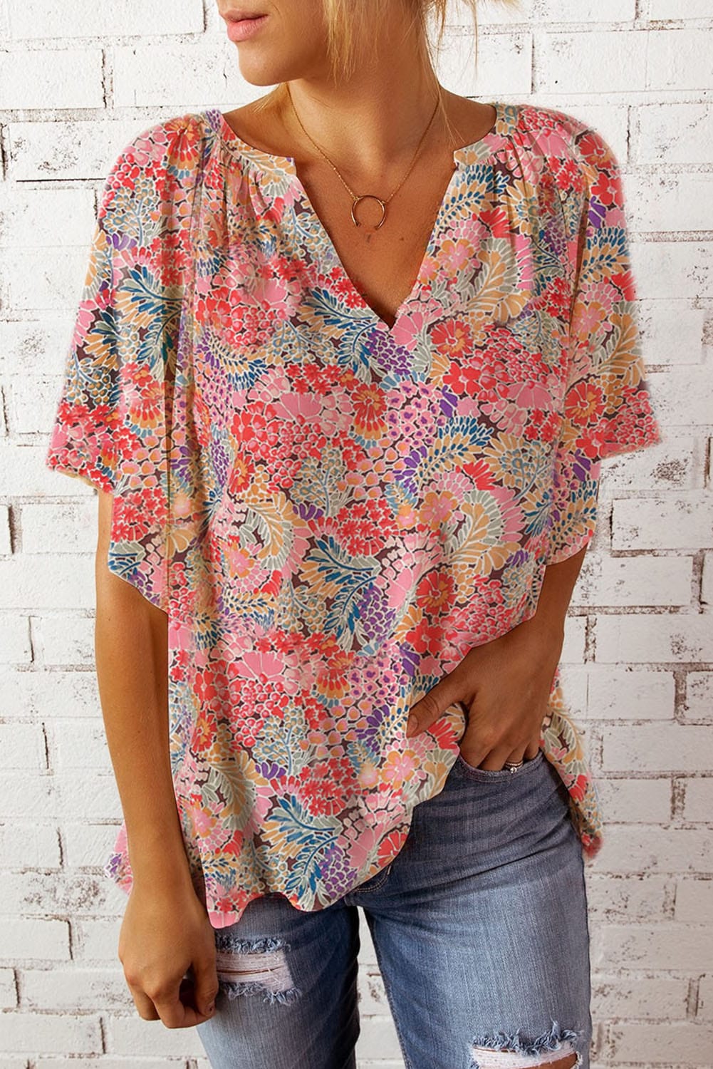 Gray Floral Notched Neck Flutter Sleeve Blouse