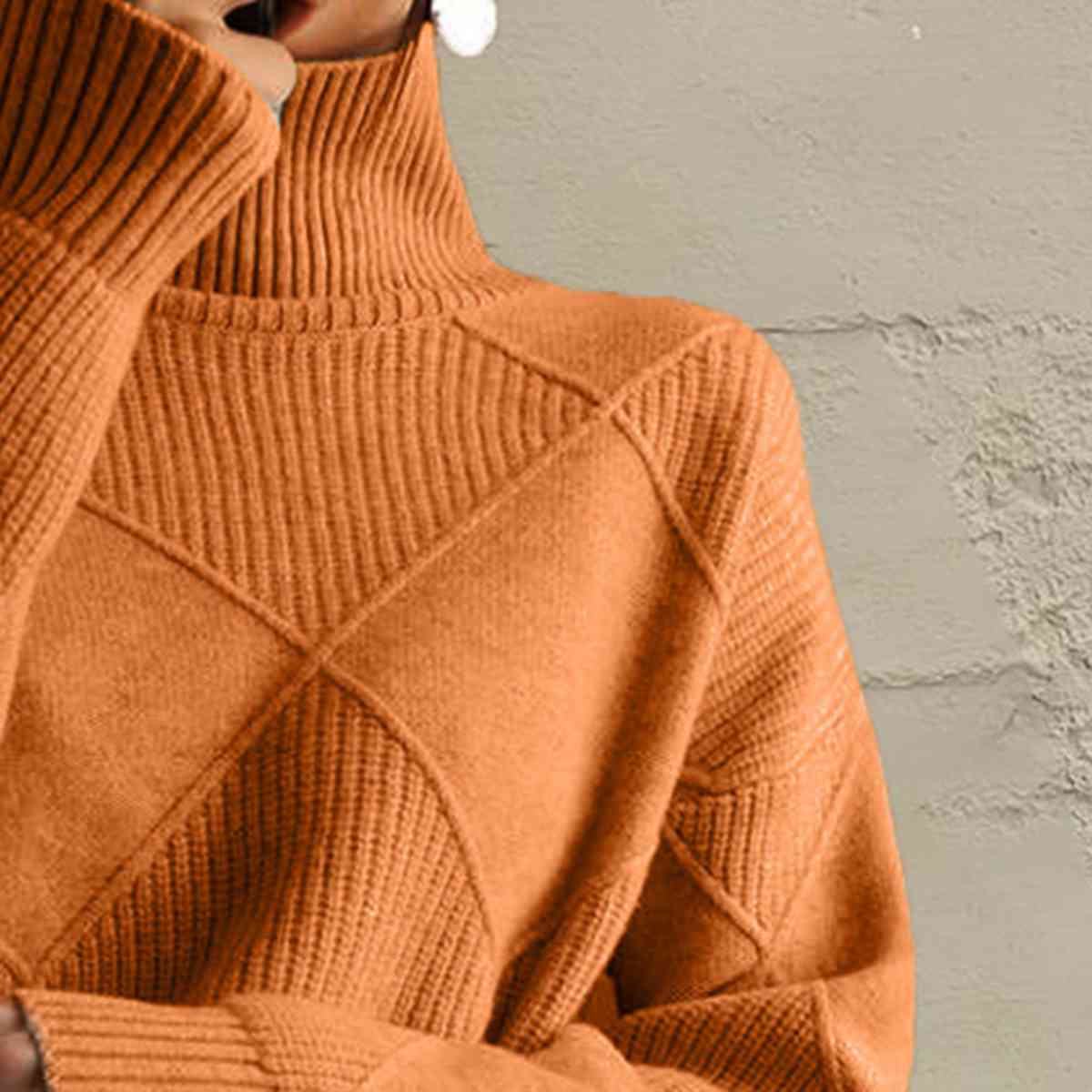 Dark Salmon Geometric Turtleneck Long Sleeve Sweater