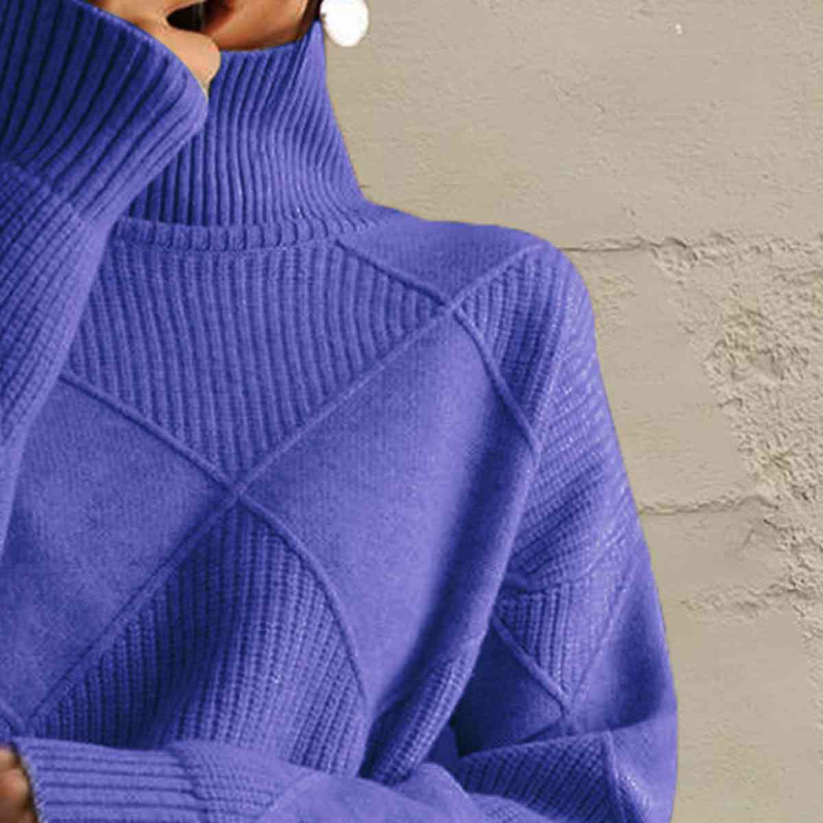 Dark Slate Blue Geometric Turtleneck Long Sleeve Sweater