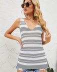 Light Gray Striped V-Neck Knit Tank