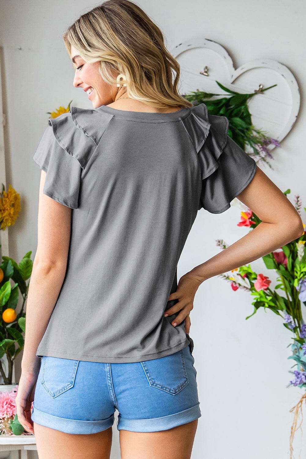 Gray Layered Flutter Sleeve Round Neck Top