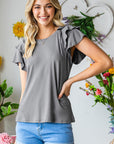 Gray Layered Flutter Sleeve Round Neck Top