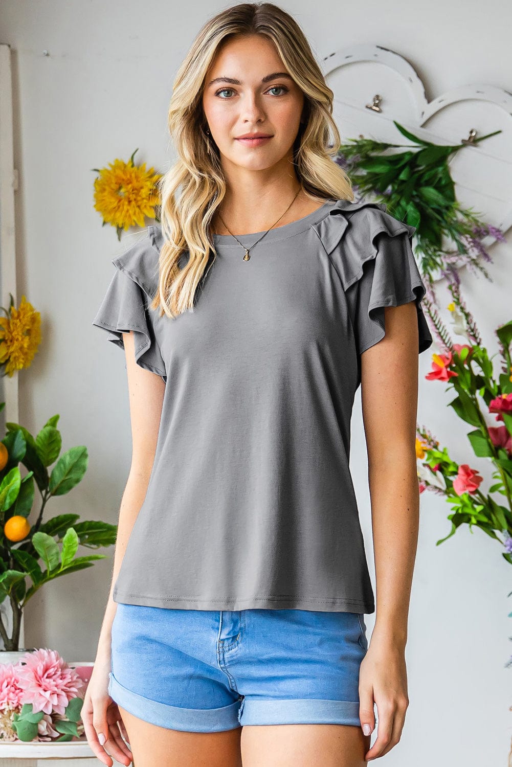 Gray Layered Flutter Sleeve Round Neck Top