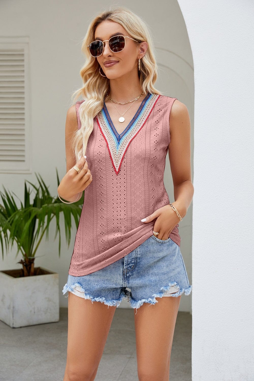 Gray Contrast V-Neck Eyelet Tank