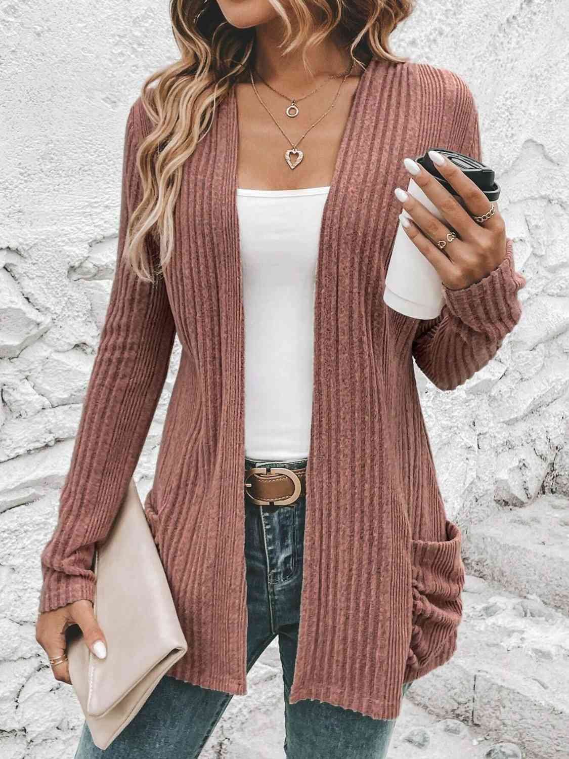 Light Gray Ribbed Open Front Cardigan with Pockets