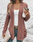 Light Gray Ribbed Open Front Cardigan with Pockets