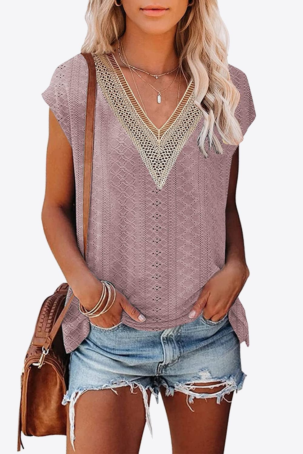 Beige Eyelet Contrast V-Neck Tee