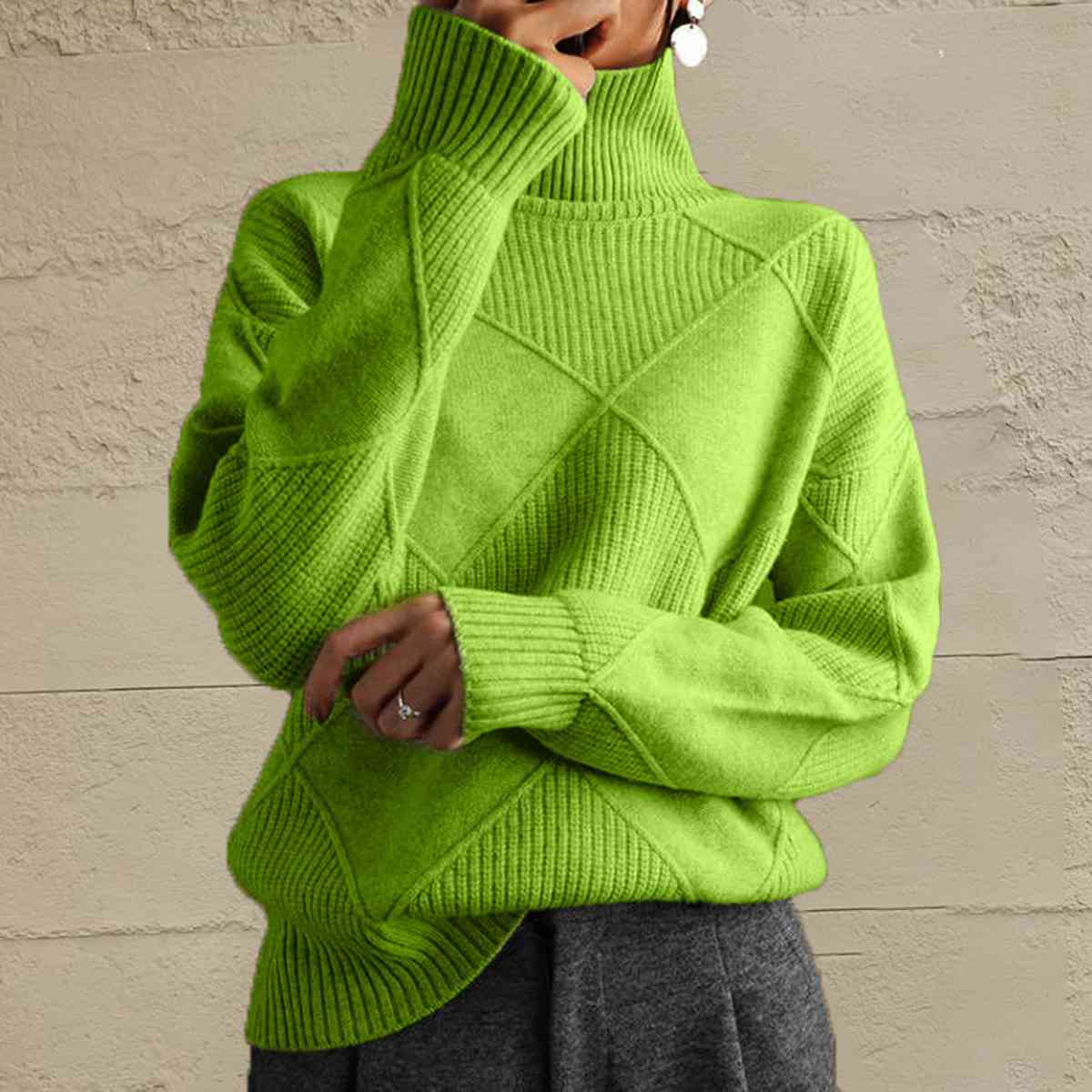 Dark Khaki Geometric Turtleneck Long Sleeve Sweater