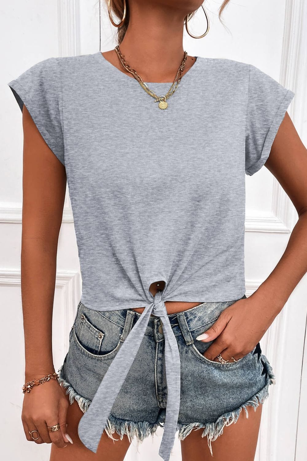 Light Gray Tied Round Neck Crop Tee