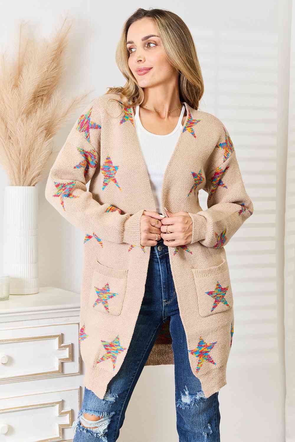 Light Gray Double Take Star Pattern Open Front Longline Cardigan