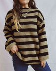 Gray Striped Round Neck Long Sleeve Sweater