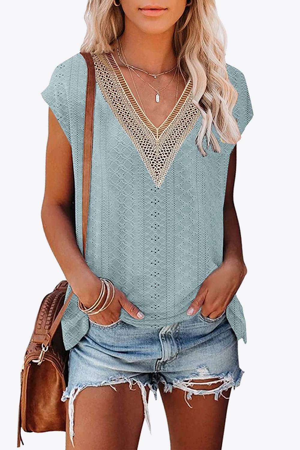 Light Gray Eyelet Contrast V-Neck Tee