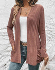 Light Gray Ribbed Open Front Cardigan with Pockets