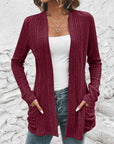 Light Gray Ribbed Open Front Cardigan with Pockets