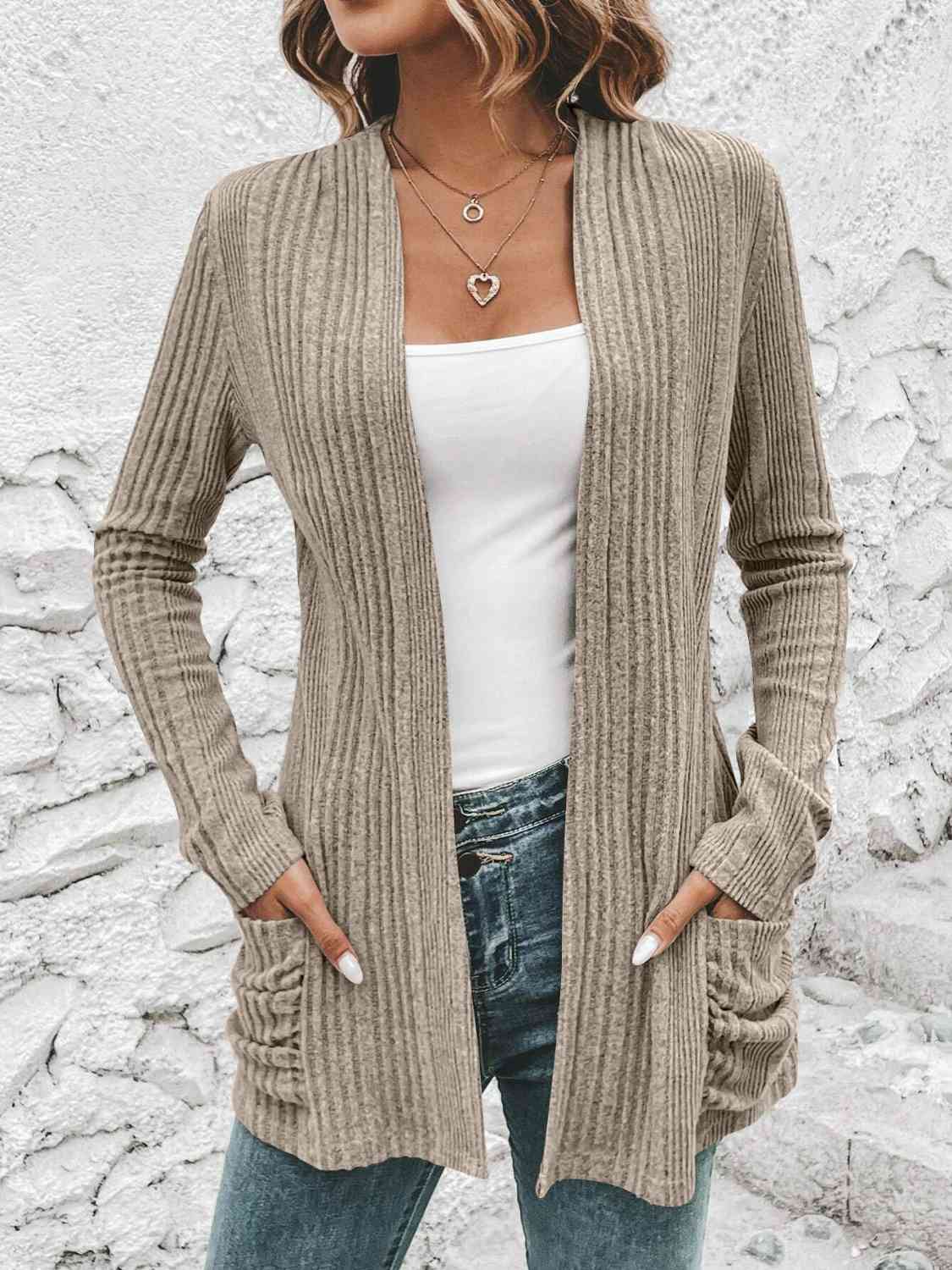 Gray Ribbed Open Front Cardigan with Pockets