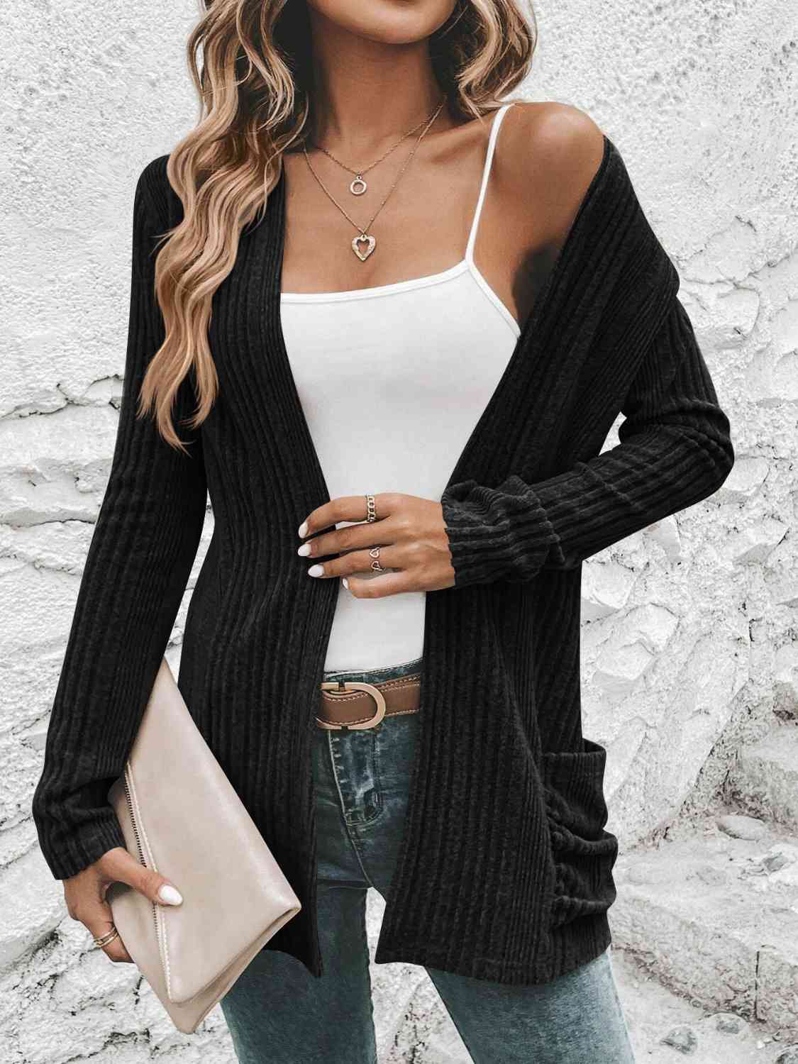 Light Gray Ribbed Open Front Cardigan with Pockets