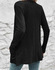 Black Ribbed Open Front Cardigan with Pockets