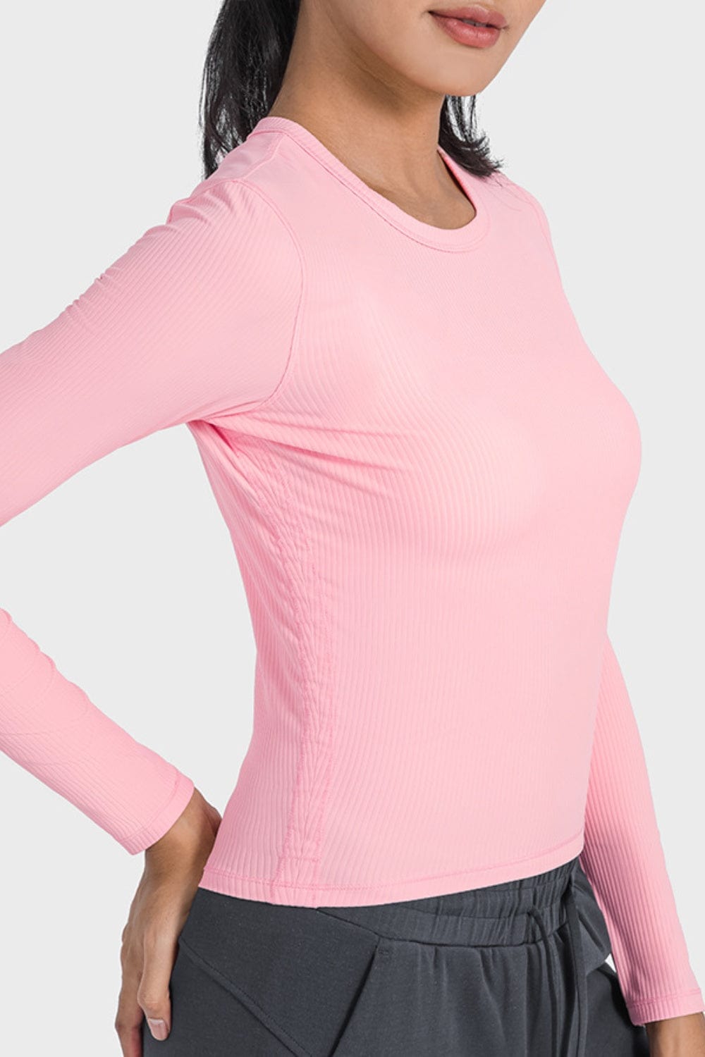 Misty Rose Round Neck Long Sleeve Sports Top