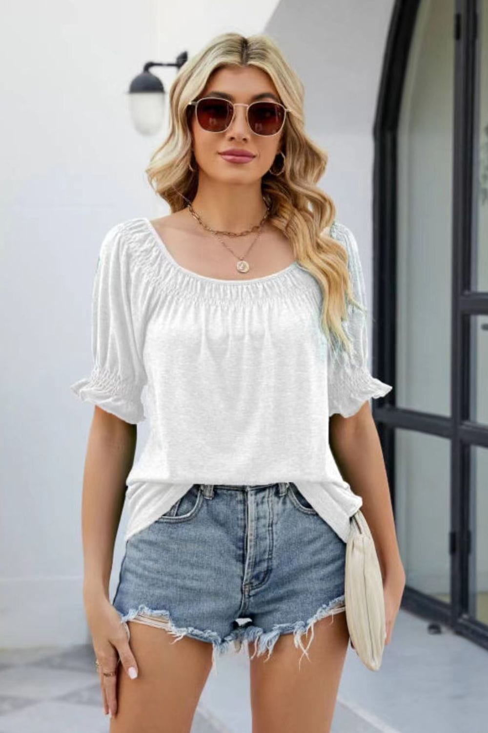 Gray Short Flounce Sleeve Top