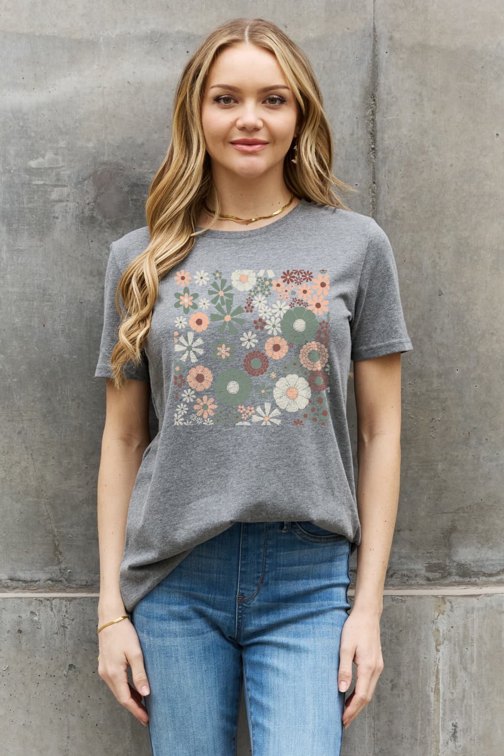 Light Slate Gray Simply Love Flower Graphic Cotton Tee