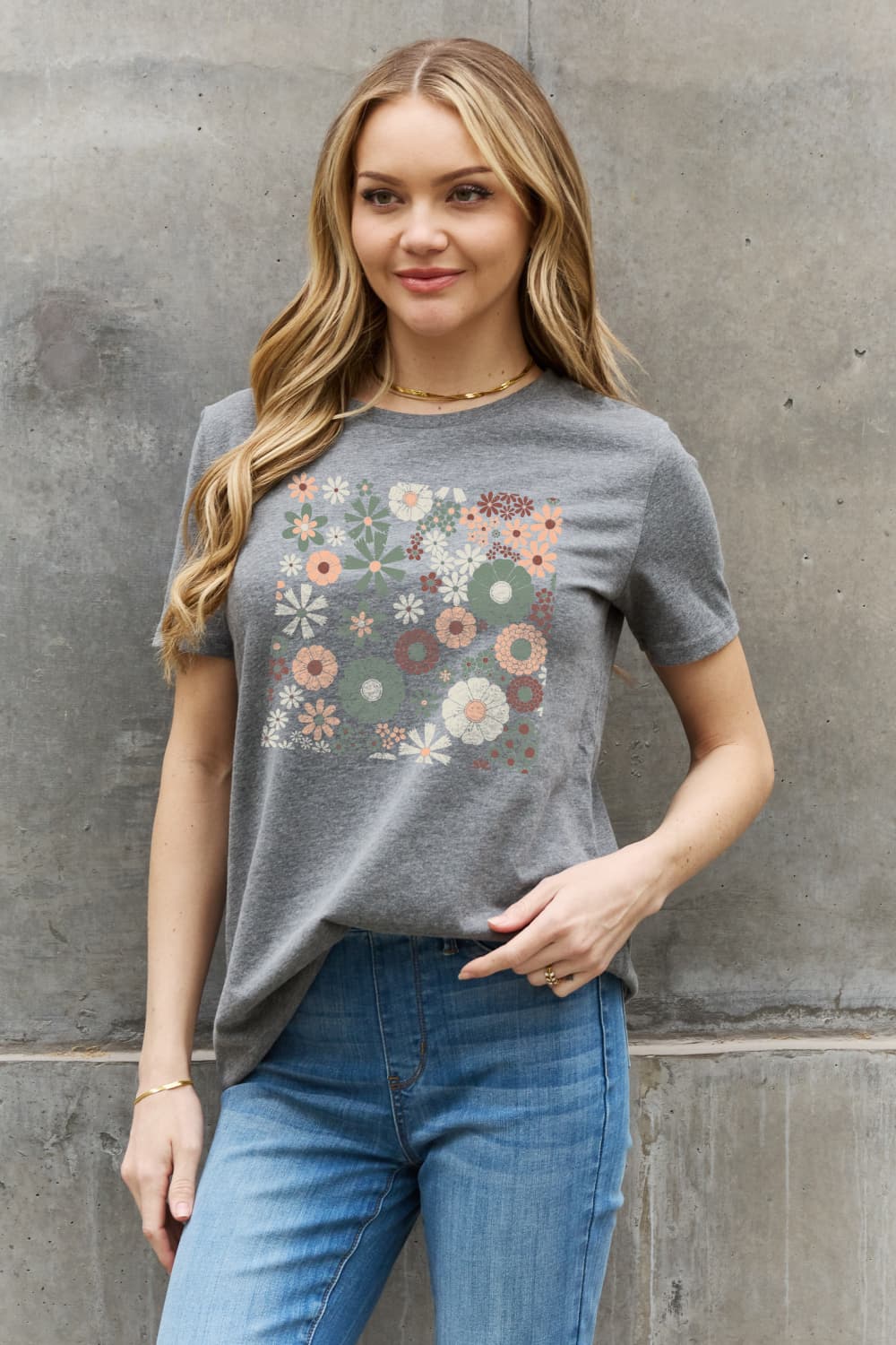 Light Slate Gray Simply Love Flower Graphic Cotton Tee