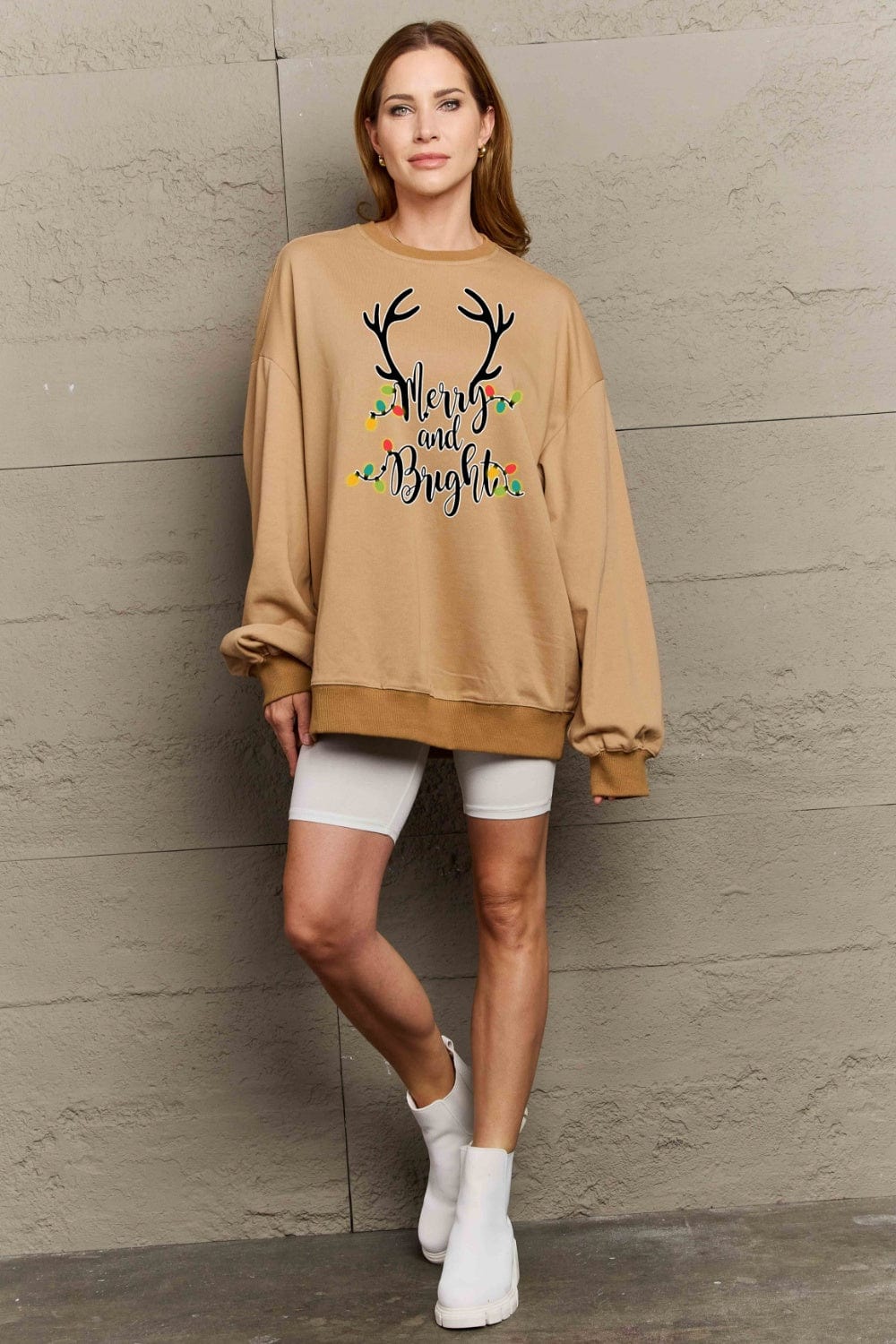 Rosy Brown Simply Love Full Size MERRY AND BRIGHT Graphic Sweatshirt