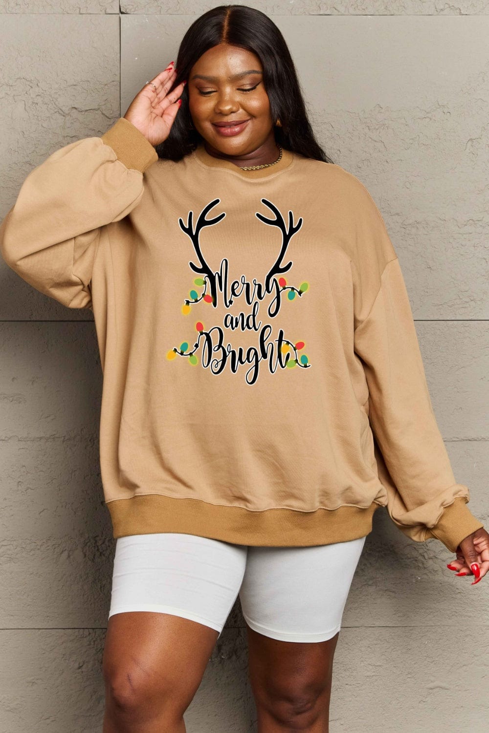 Rosy Brown Simply Love Full Size MERRY AND BRIGHT Graphic Sweatshirt