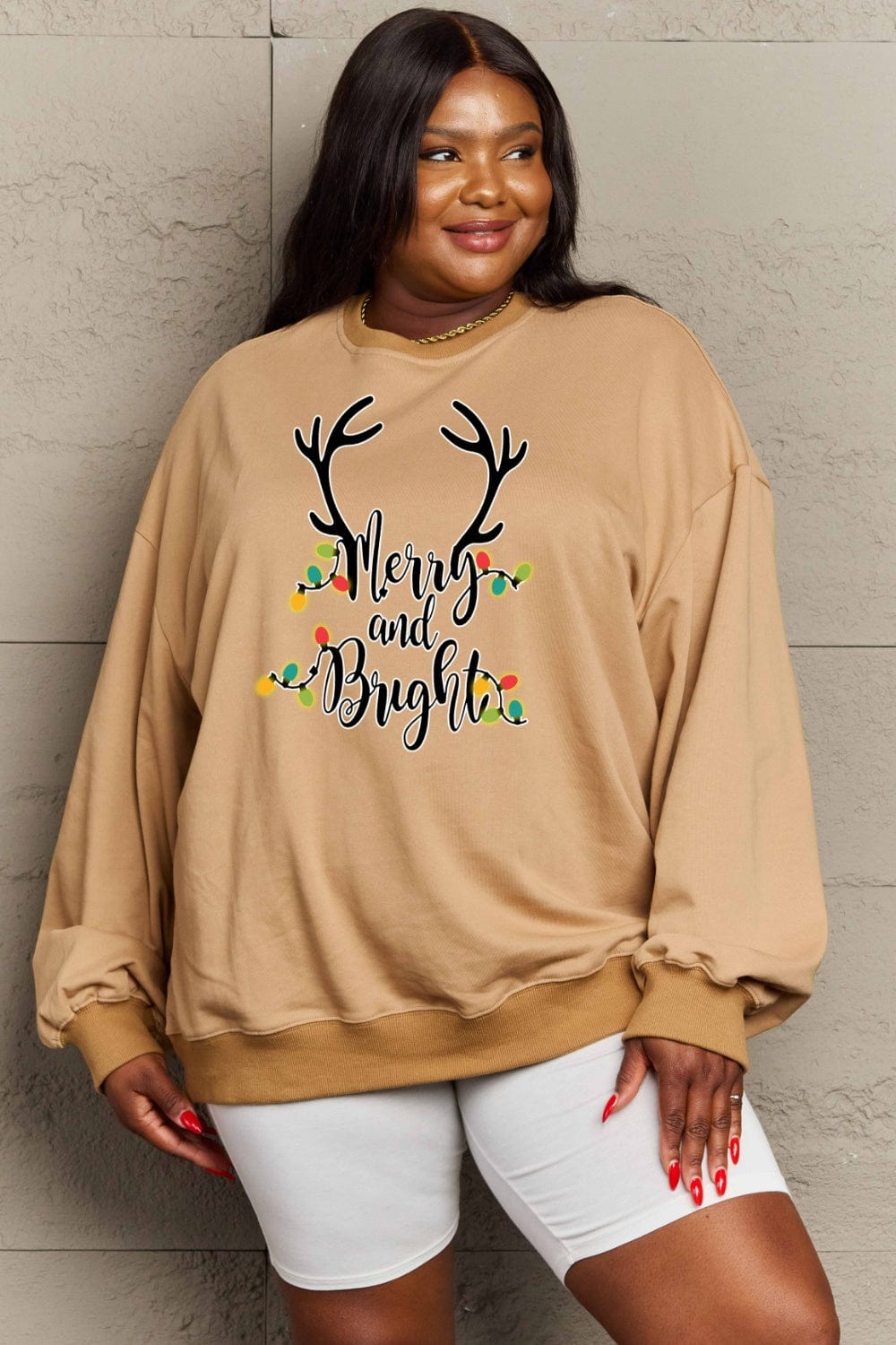 Rosy Brown Simply Love Full Size MERRY AND BRIGHT Graphic Sweatshirt